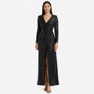 Eliza J -  Black Sequin Long-Sleeve Wrap‎ Gown